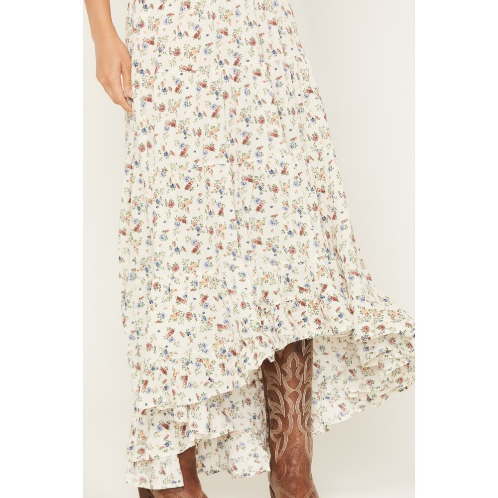 Wild Moss Floral High-Low Maxi Skirt XL Cream Smocked Waist Tiered Ruffle Boho